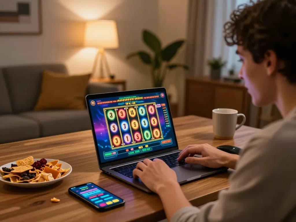 Player winning at an online slot gacor gampang menang game on laptop in cozy home setting