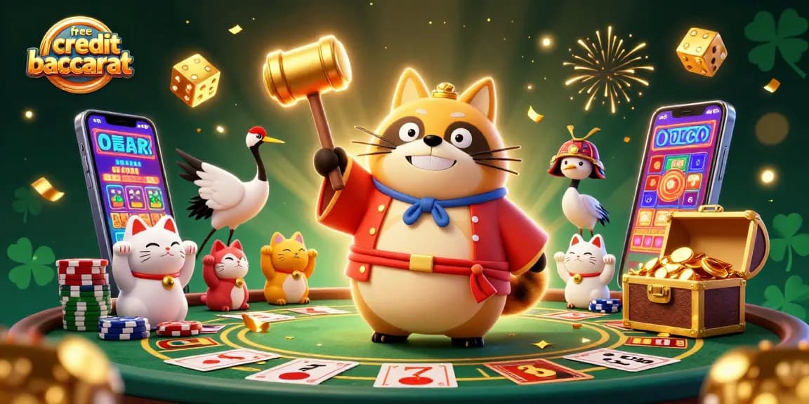 Win with free credit baccarat as cheerful tanuki and crane celebrate casino luck amidst thrilling game elements.