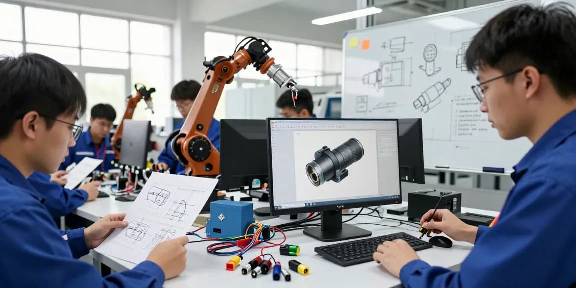 Engineers collaborating on automotive connector designs in a bright manufacturing facility.