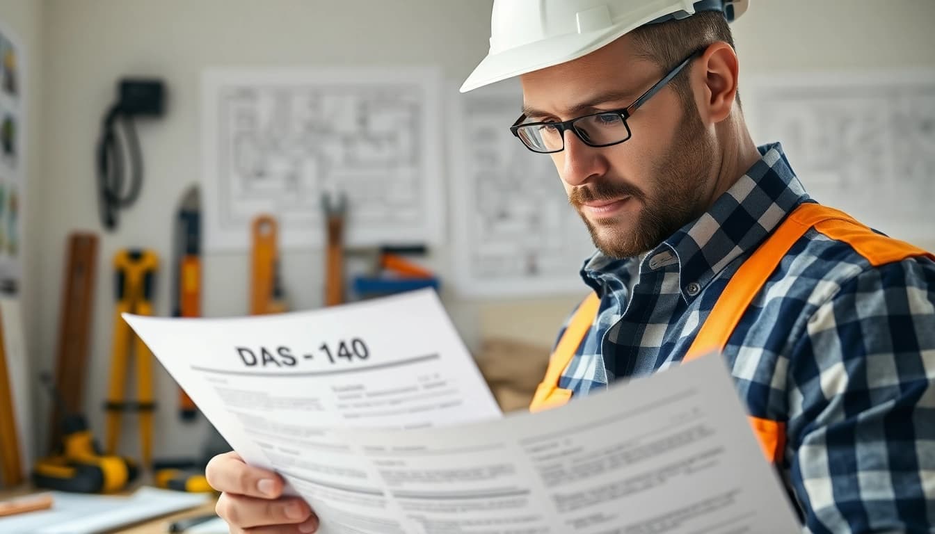 Contractor examining das 140 form with tools and blueprints in a construction office