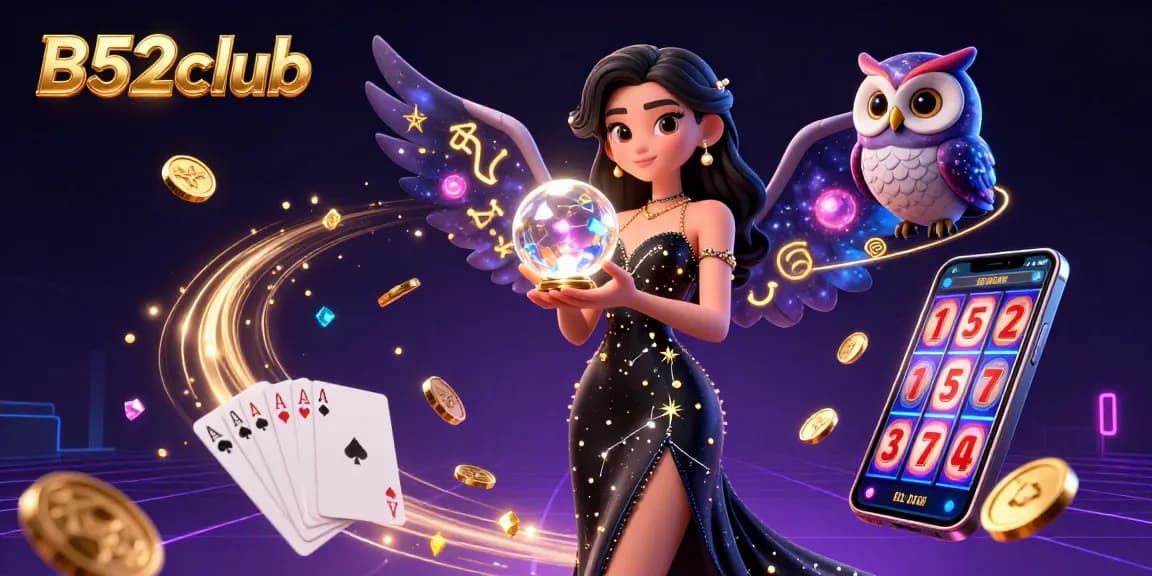 Experience thrilling moments at B52club with a magical casino scene featuring a woman, owl, and sparkling game elements.
