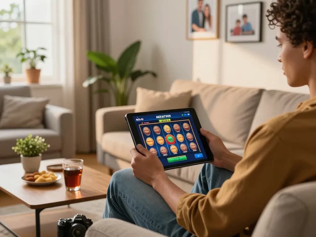 Person enjoying a slot bet 200 game on a tablet in a cozy living room.