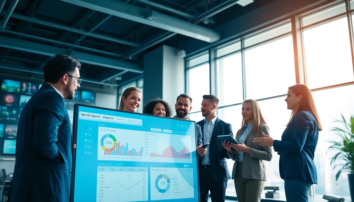 Engage with enterprise search platforms in a vibrant office showcasing teamwork and innovation.