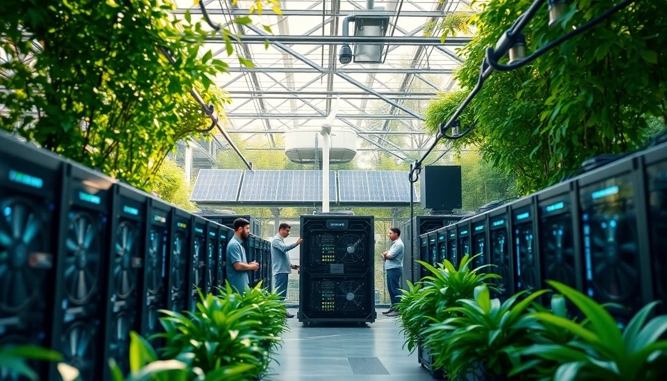 Smart cloud mining facility integrating renewable energy sources for sustainable cryptocurrency production.