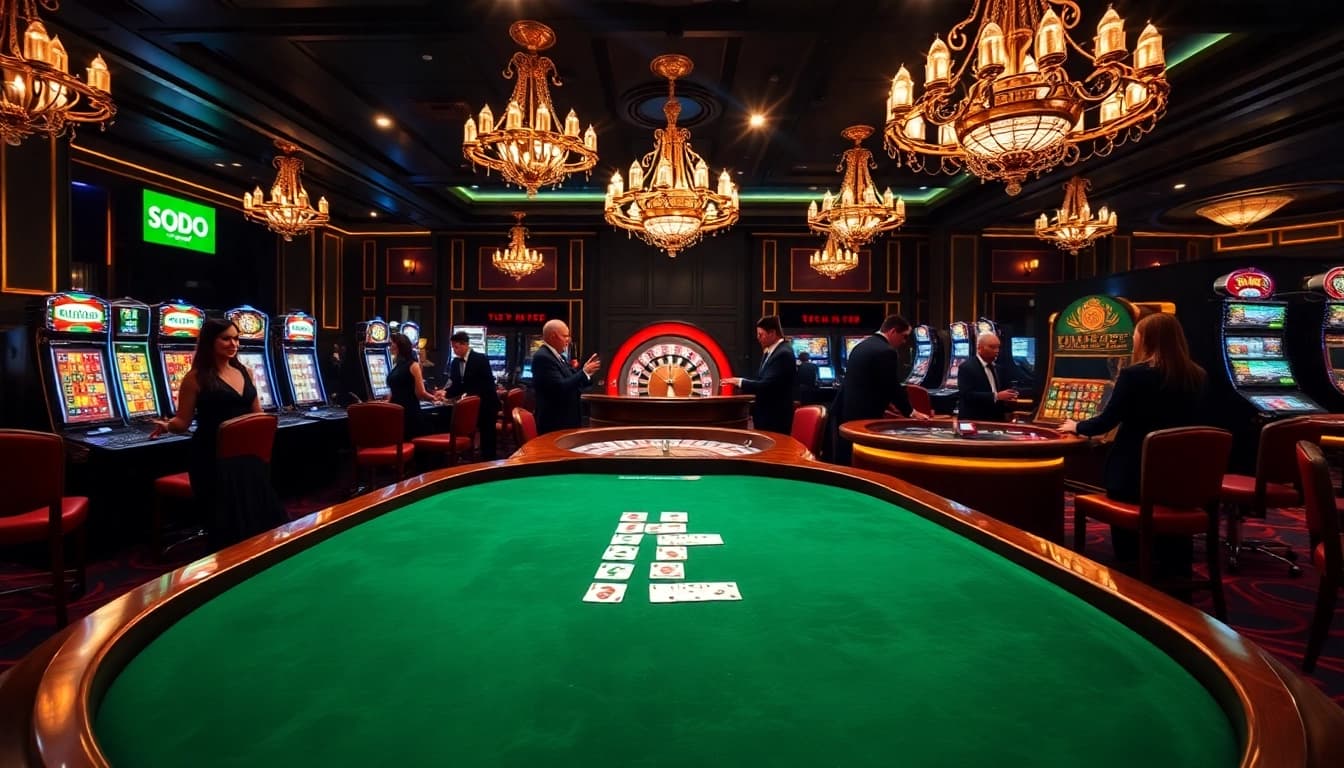 SODO casino scene showcasing poker excitement with players at the table and vibrant slot machines.
