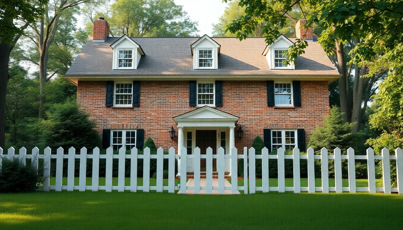 Beautiful colonial home build featuring lush greenery and a white picket fence.