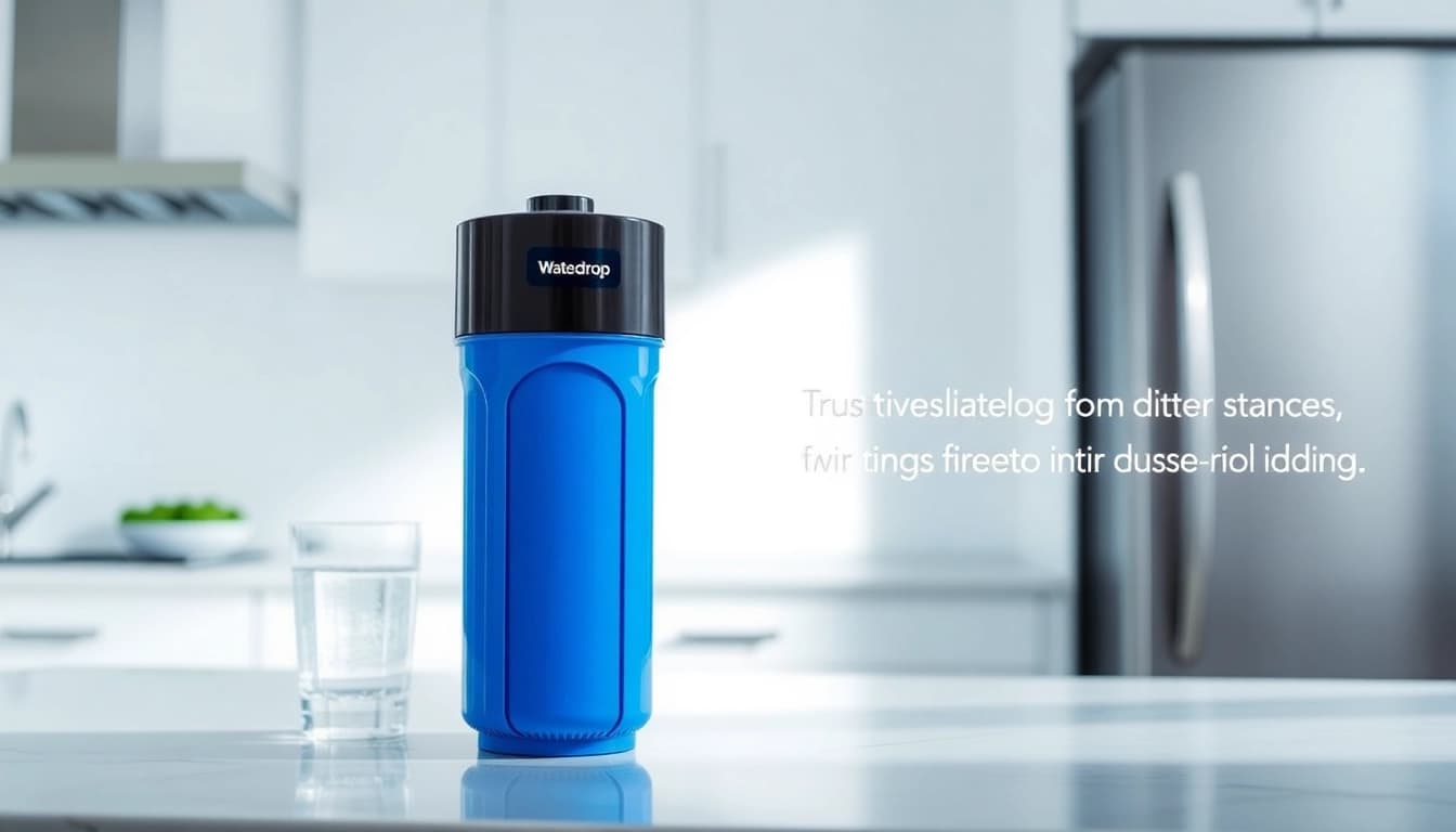 Waterdrop WD-F08 Replacement for 4396841 water filter showcased in a modern kitchen setting.