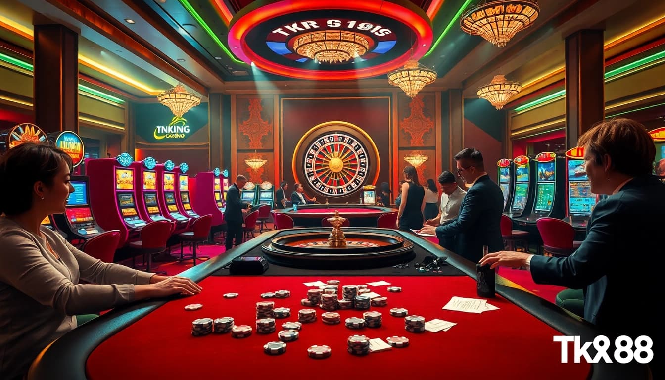 Players enjoying a high-stakes game at the Tk88 casino, featuring poker tables and colorful slot machines.