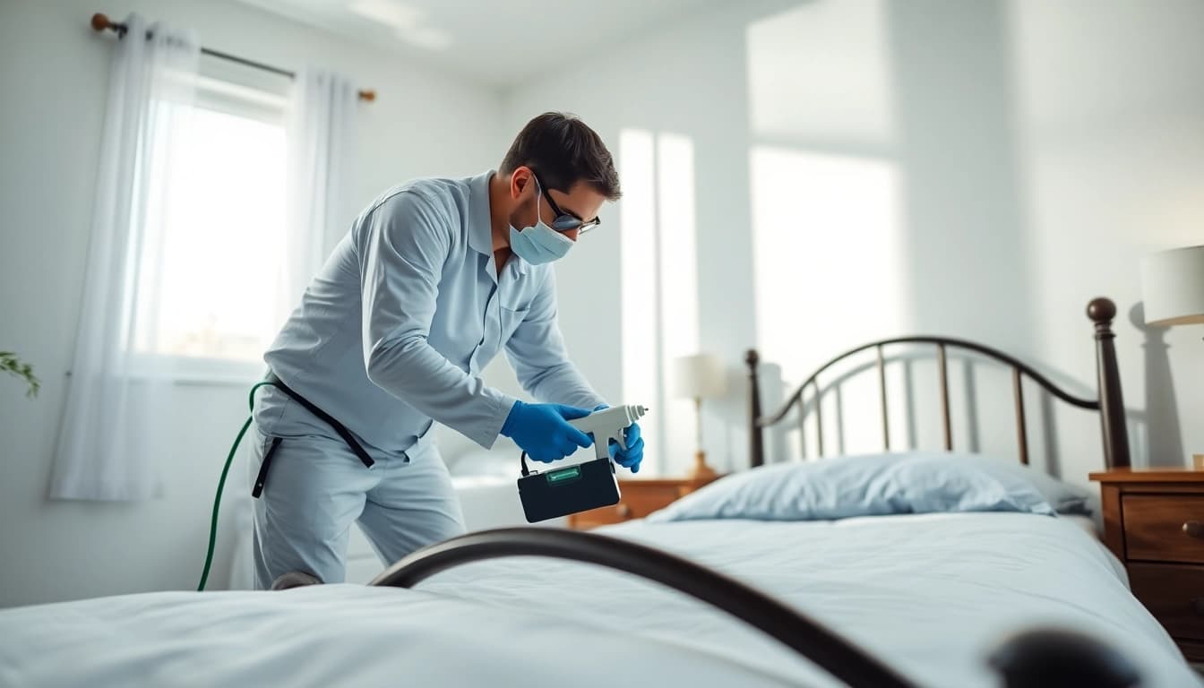 Bed bug exterminator waukesha applying treatment in a residential bedroom