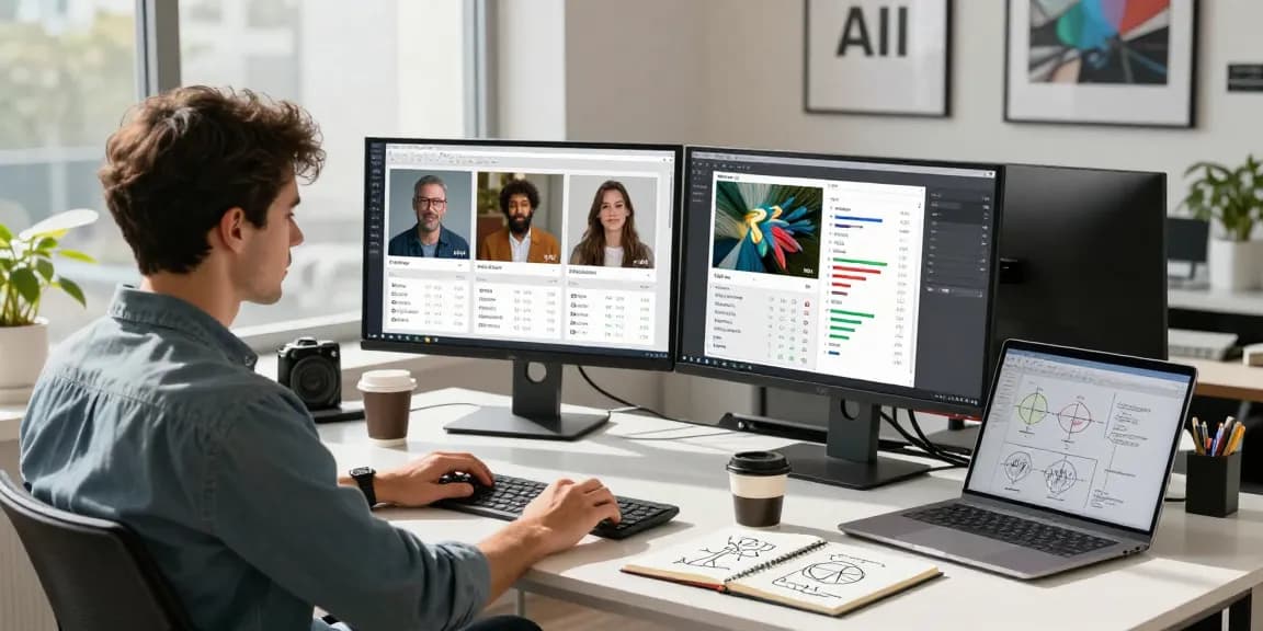 AI detector analysis in a modern workspace with dual monitors and intricate software tools.