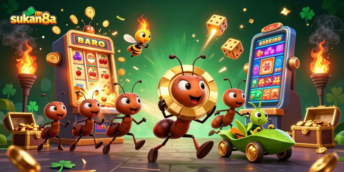 Join the fun at sukan8a as animated ants carry a giant poker chip through a vibrant casino heist scene.