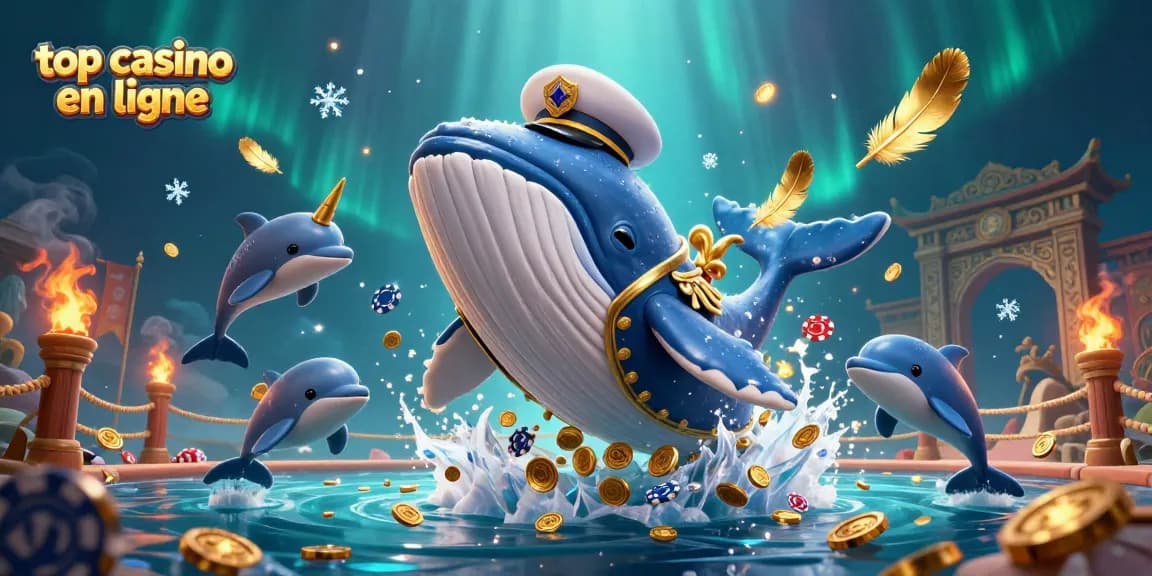 Rejoignez l'excitation au meilleur casino en ligne avec une baleine et des dauphins dans une scène de jeu sous-marine vibrante.