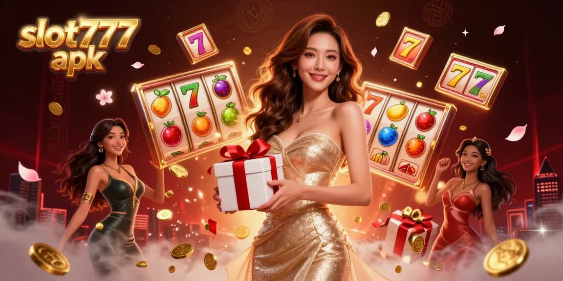 Experience the excitement of slot777 apk with golden coins spilling from a festive gift box.