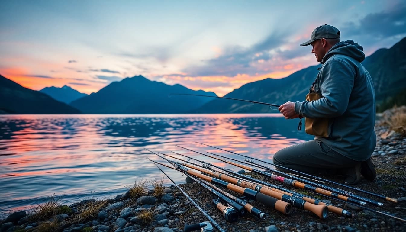 Experience the best fly fishing rods used by an angler at sunset by a mountain lake.
