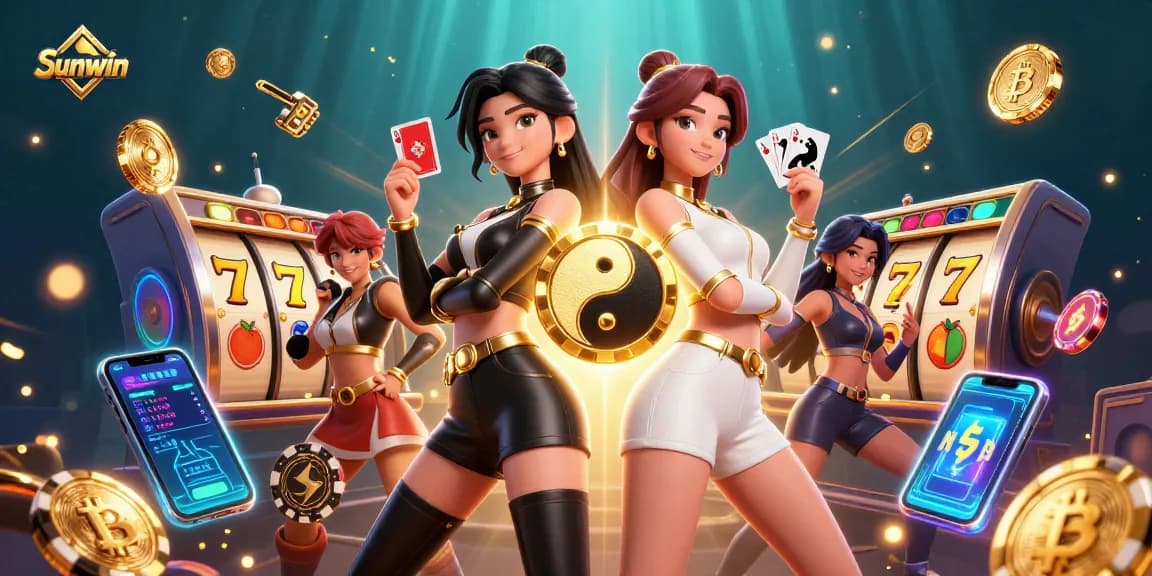 Experience thrilling gameplay with Sunwin as twin Asian women showcase slot machines and cards in a glamorous casino scene.