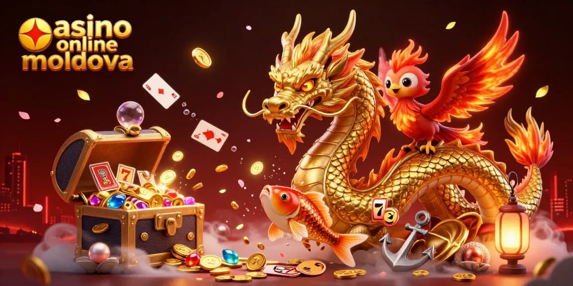 Joacă la casino online moldova cu un dragon auriu și simboluri de sloturi în jurul lor.