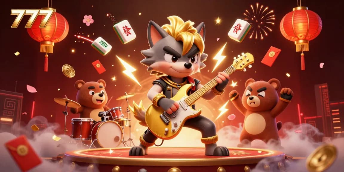 Experience high-energy 777 casino action with a rock star wolf, drummer bear, and festive mahjong elements.