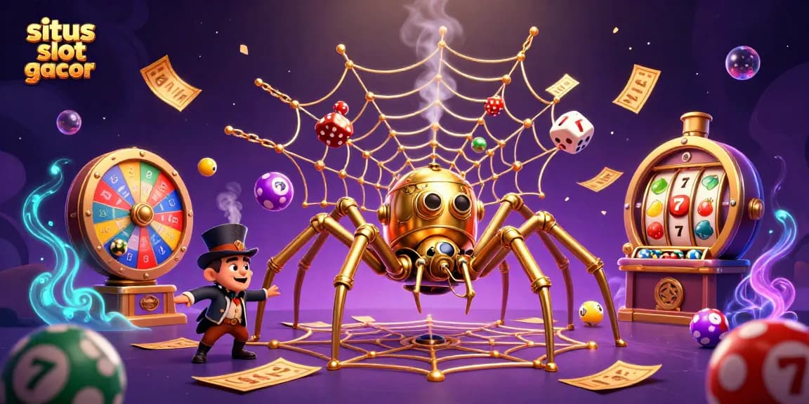 Experience excitement with situs slot gacor, featuring a steampunk spider and dynamic casino elements.