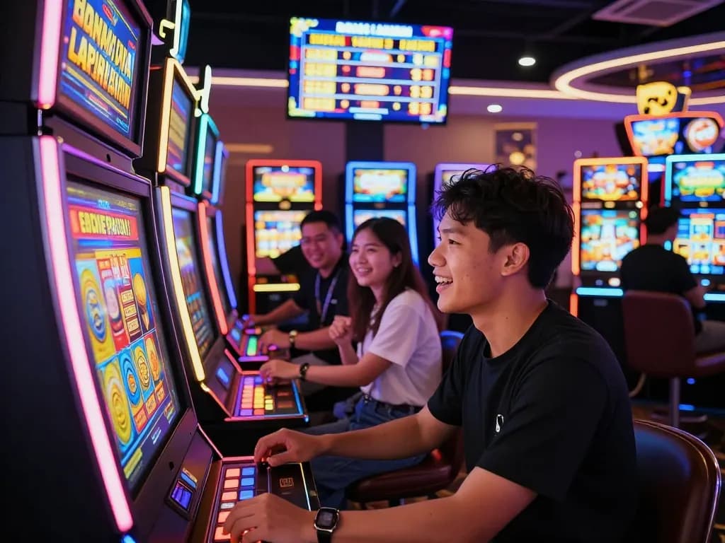 Excited player at a casino slot machine showcasing slot gacor hari ini amid vibrant neon lights and cheerful atmosphere.