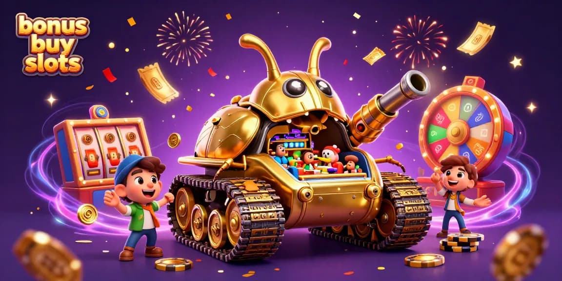 Experience thrilling bonus buy slots with a 3D cartoon tank casino and festive elements in this dynamic illustration.