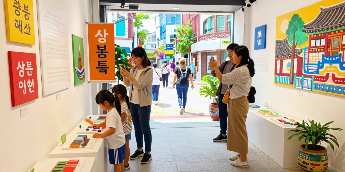 Family engaging with exhibits at 상봉동 한국관 cultural center, highlighting vibrant community and cultural heritage.