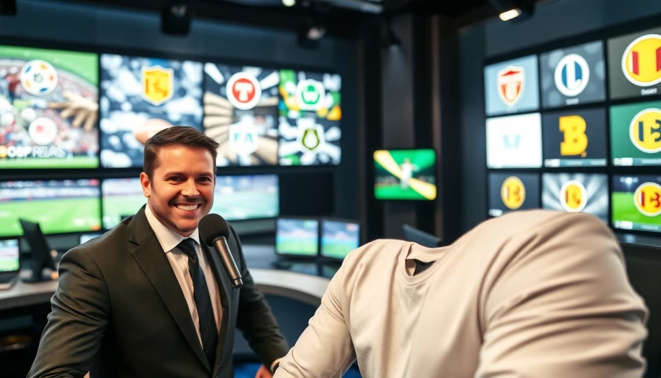 Engaging sports broadcasting studio showcasing a commentator and live sports feeds.