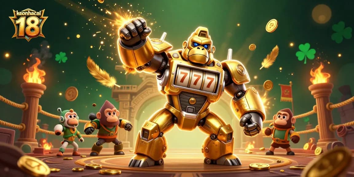 Experience keonhacai 18 with an energetic 3D illustration of a golden gorilla mech and dynamic casino elements.