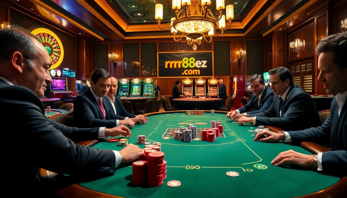 Experience the thrill of a high-stakes poker game at https://rr88ez.com/ featuring vibrant players, chips, and cards.