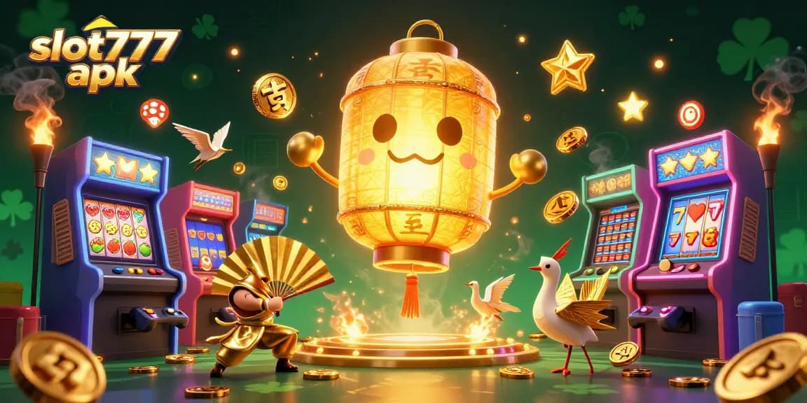 Experience the thrill of slot777 apk with golden symbols and gaming elements in a vibrant 3D casino scene.