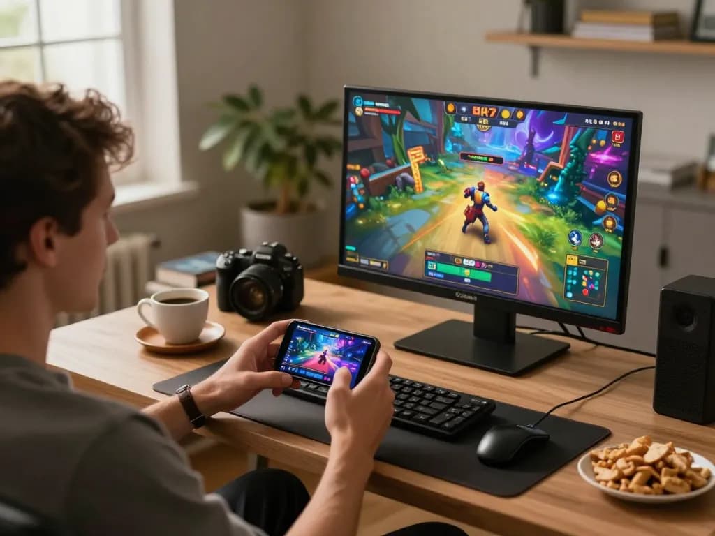 Engaging with the BUKA77 casino app on a smartphone in a cozy home workspace.