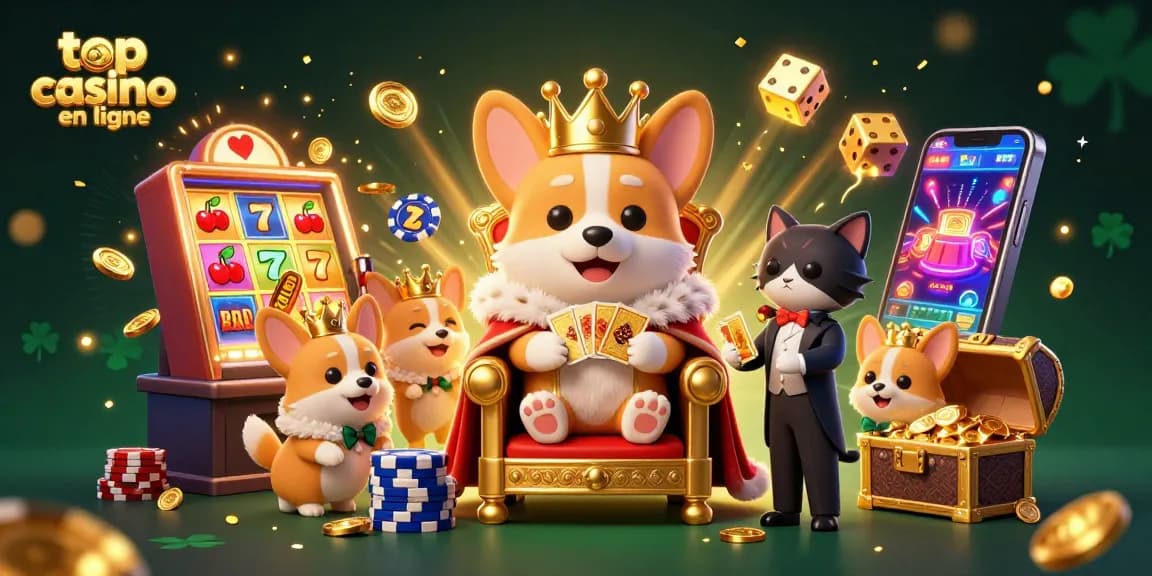 Vivez l'excitation des meilleurs casinos en ligne avec un corgi royal et des éléments de casino éblouissants.