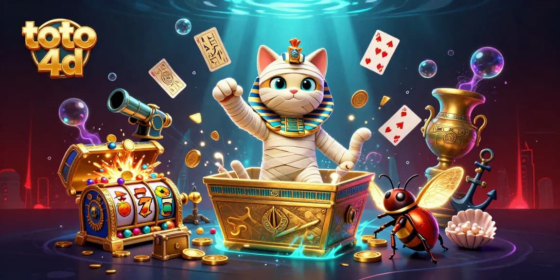 Win big with toto 4d in this dynamic 3D casino scene featuring a cartoon mummy cat and treasures.