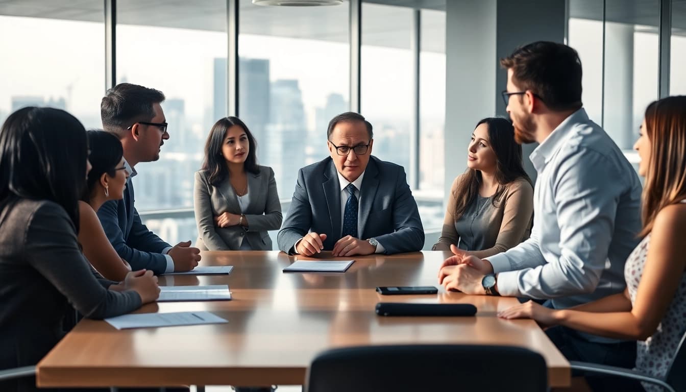 Mediation session in a modern office, highlighting engagement and collaboration.