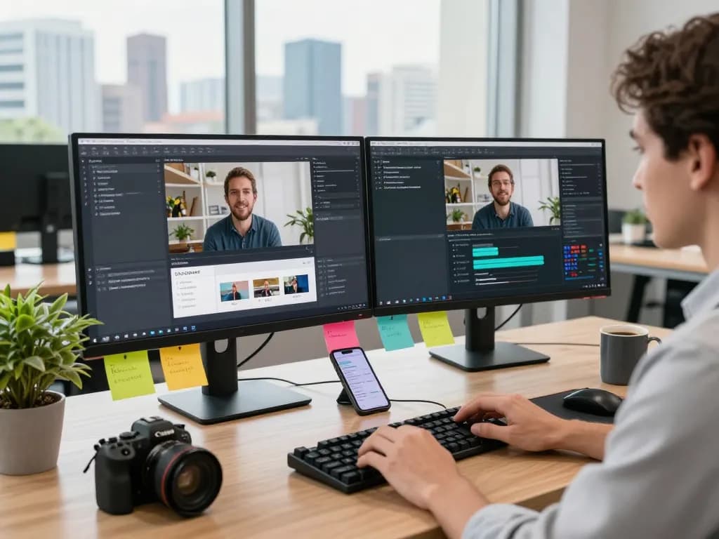 Data analyst using a video to promptgenerator tool on dual monitors in a modern office, showcasing video analysis software.