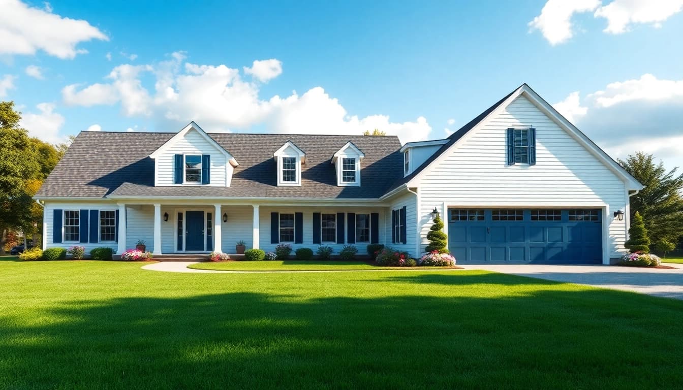 Cape Cod home showcasing an impressive attached garage amidst lush landscaping.