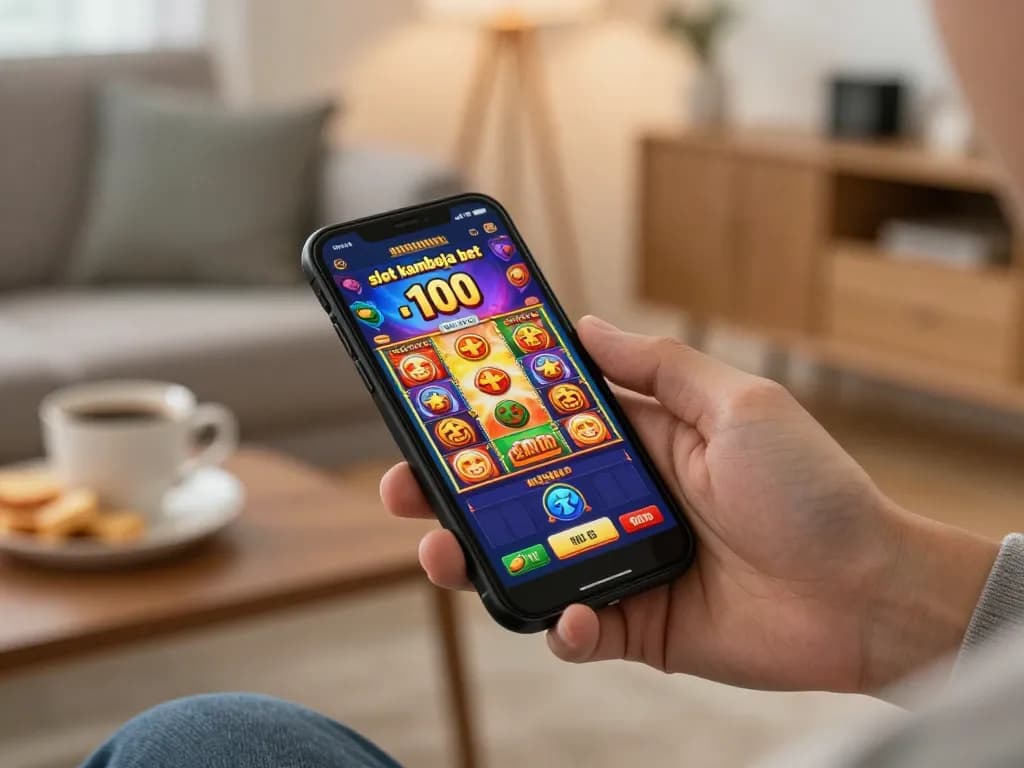 Engaging gameplay of slot kamboja bet 100 on a smartphone, showcasing a vibrant online casino experience.