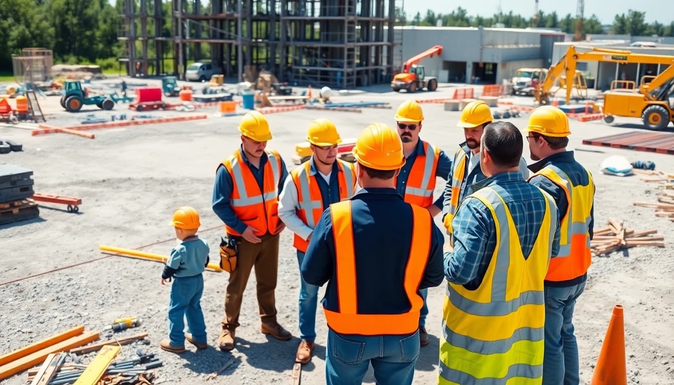 Engaged construction workers discussing construction safety programs during a site meeting.