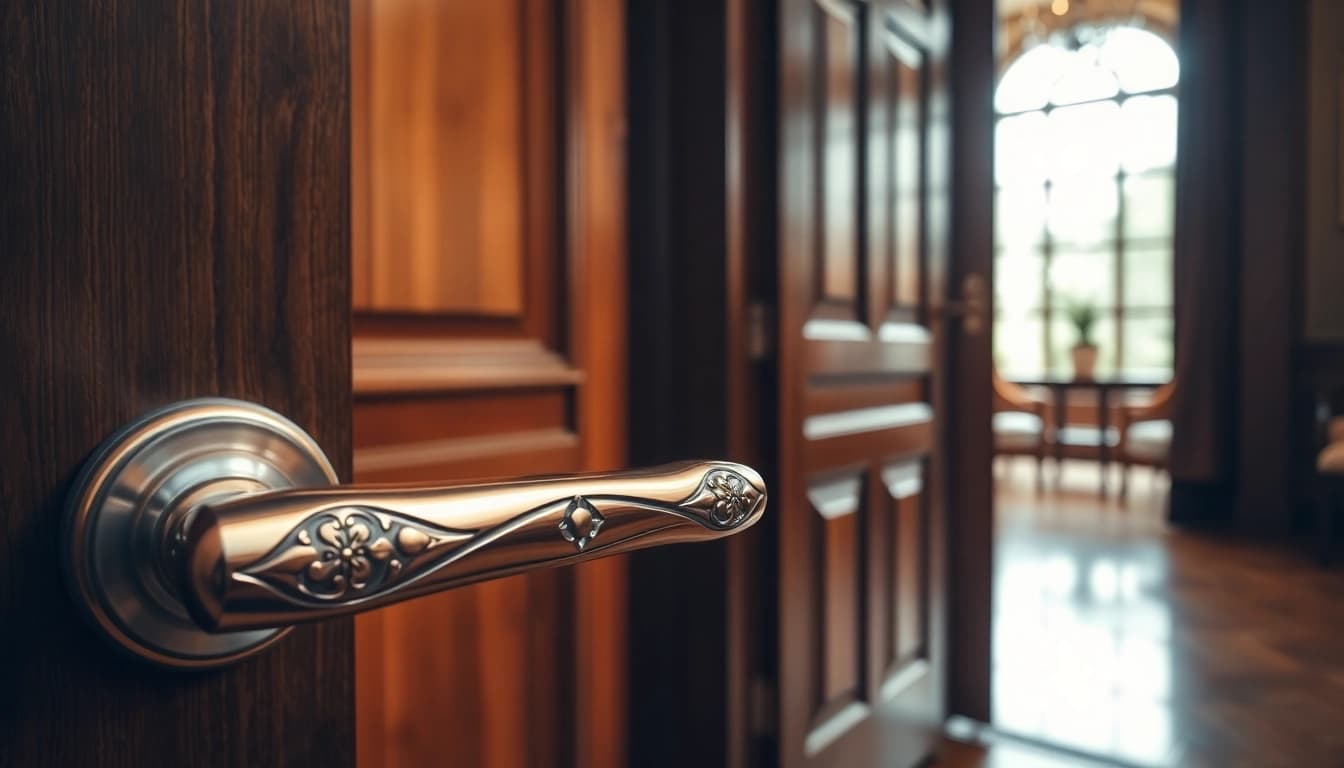 Intricately designed door handle featured prominently, showcasing quality from Door Handle Suppliers.