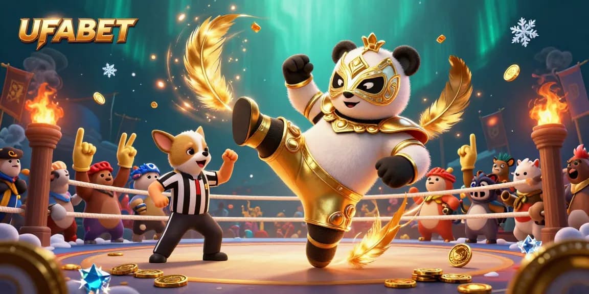 Experience the thrill of UFABET with a 3D panda wrestler and vibrant casino elements.