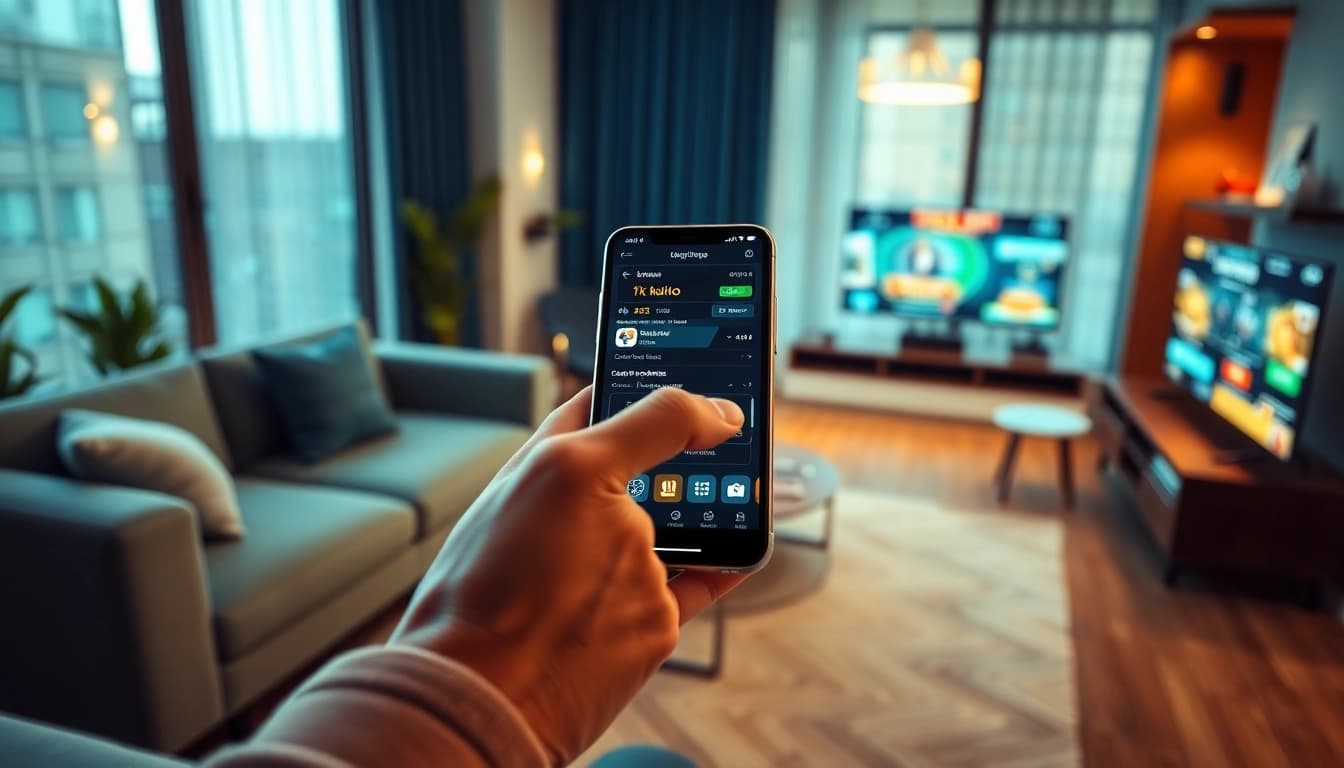 Trải nghiệm cảm giác hồi hộp với KU3933 App cho cá cược trực tuyến trong một phòng khách hiện đại.