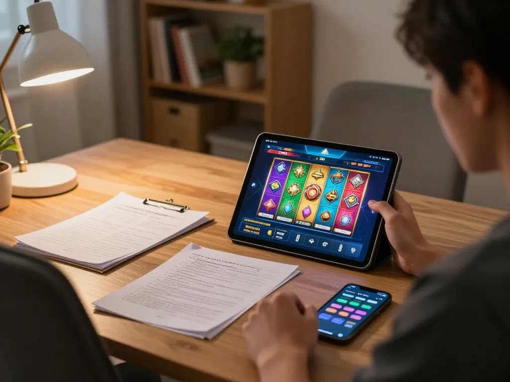 Engaging in สล็อต gameplay on a tablet in a cozy home setting, with strategy notes and a betting app visible.