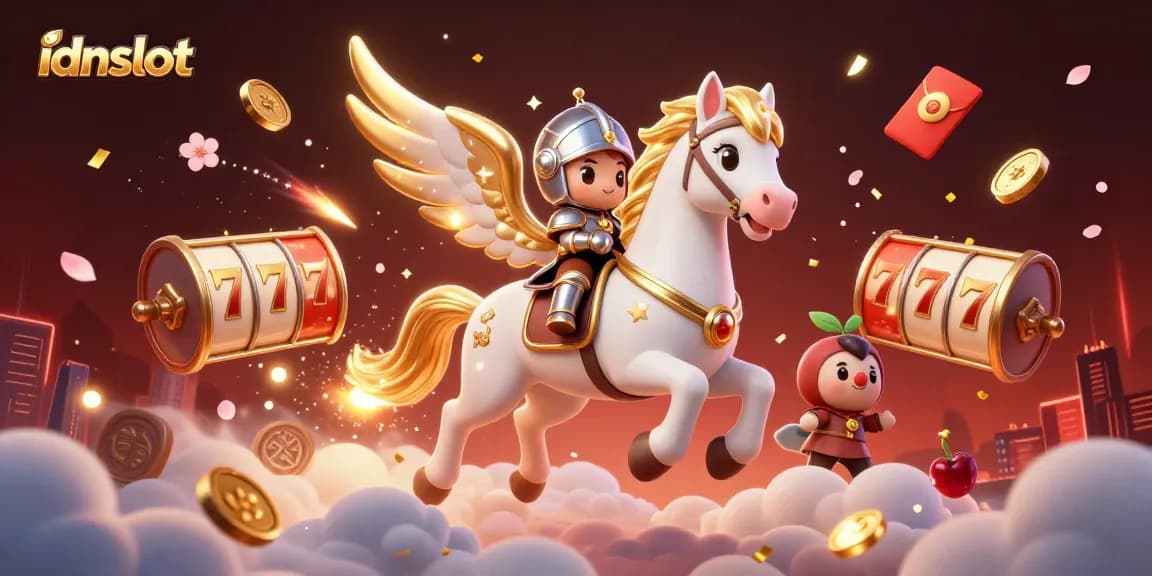 Engage with idnslot in a vibrant casino scene featuring a celestial horse and knight amid dynamic slot elements.