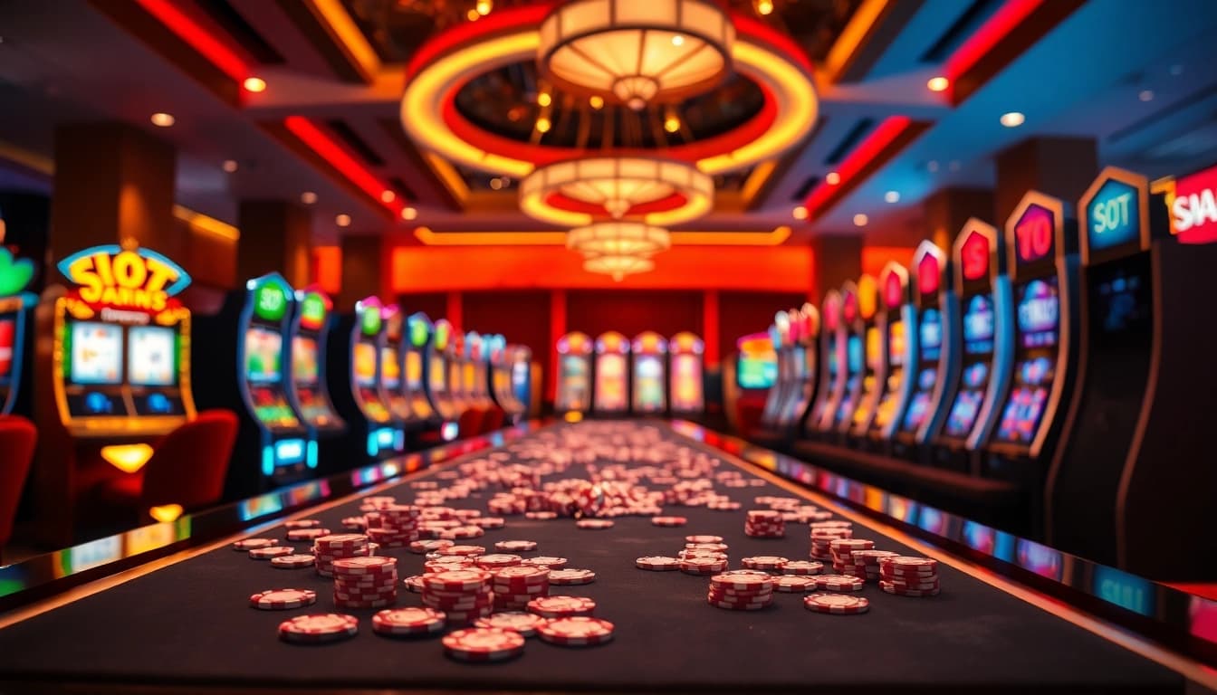 Players engaging with slot scatter hitam symbols at luxury casino tables, immersed in excitement.