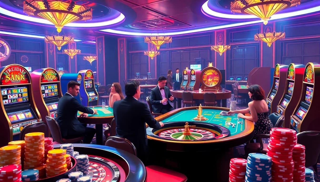The thrilling KJC AC 2 casino atmosphere featuring tables, cards, and vibrant slot machines.