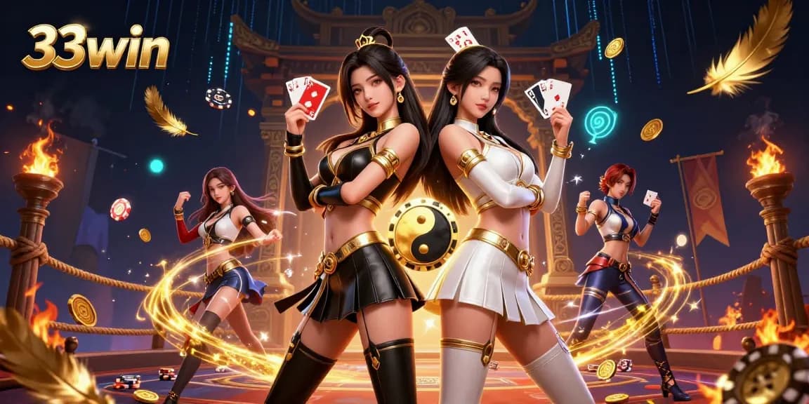 Experience winning thrills at 33win with powerful card-playing duo and casino elements in a dynamic 3D scene.