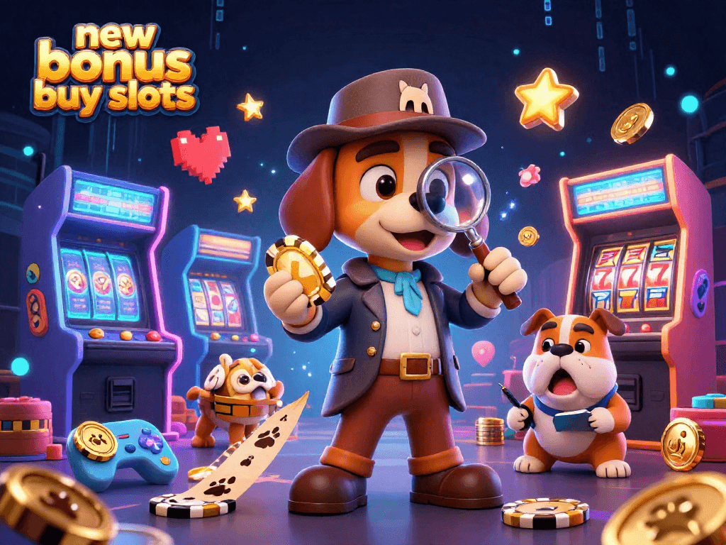 Explore new bonus buy slots with a detective bloodhound and casino treasures in a vibrant scene.