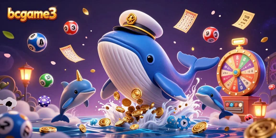 Raih kemenangan dengan bcgame3; ilustrasi kasino yang menampilkan ikan paus bercaptain saat bermain dengan dadu emas.