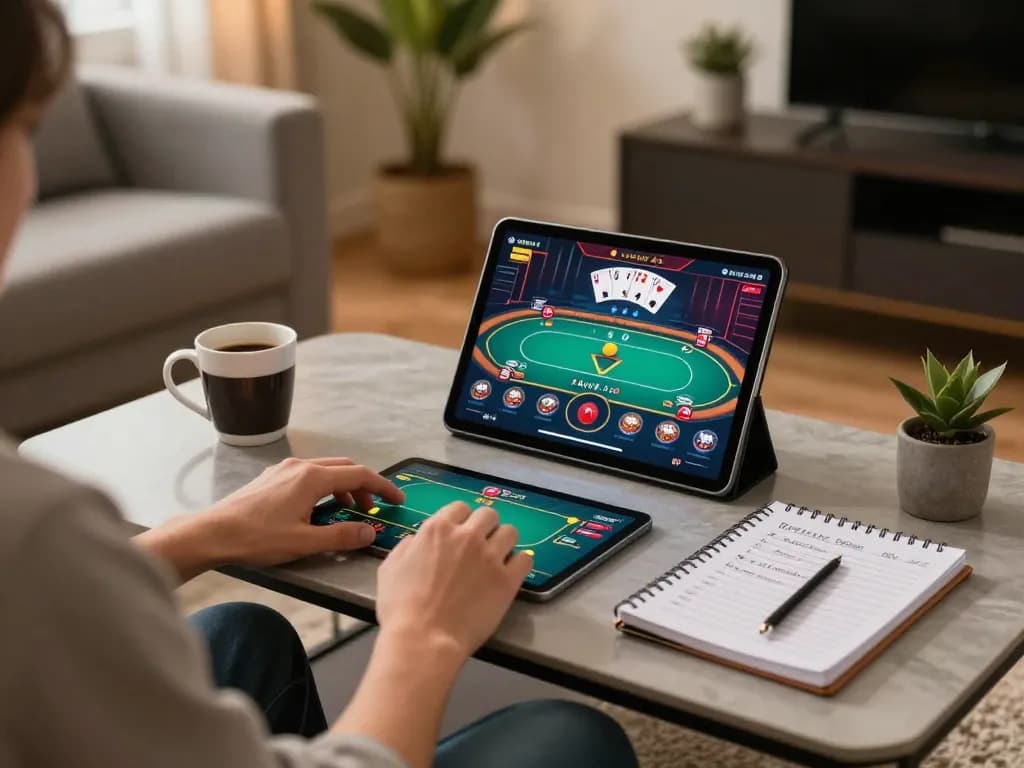 w 88 online gaming session with player using tablet at home, displaying poker interface and strategy notes.