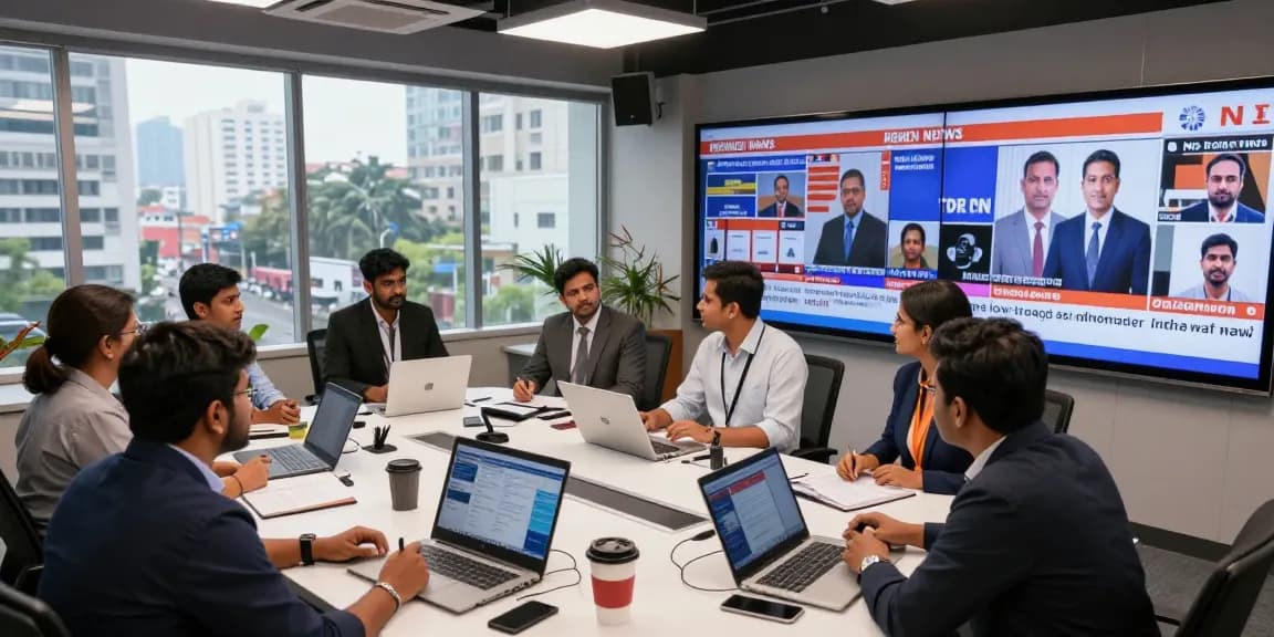 Engaged news team collaborating during live updates from https://www.theindaily.com in a modern newsroom.