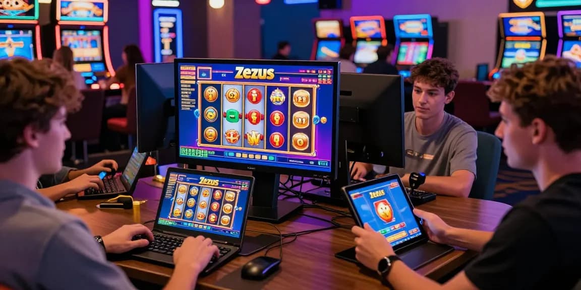 Engaging Zeus Slot gaming scene showcasing lively players enjoying casino gameplay in a vibrant digital environment.